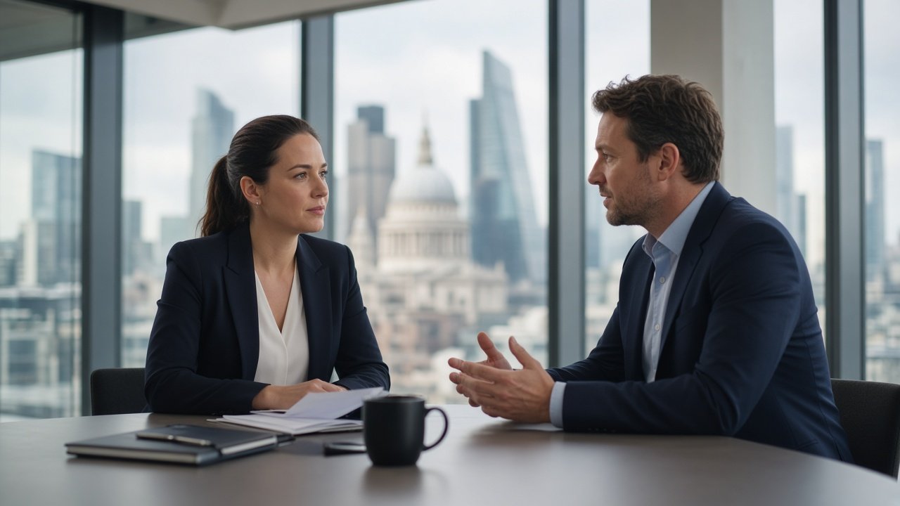Two colleagues in a London office discussing a compensation review